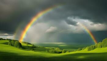 ai gegenereerd regenboog over- groen met gras begroeid heuvels met bomen en lucht foto