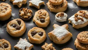 ai gegenereerd een verscheidenheid van koekjes en gebakjes Aan een zwart oppervlakte foto