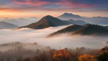 ai gegenereerd een mooi zonsopkomst over- de bergen met mist foto