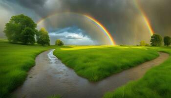 ai gegenereerd regenboog over- een veld- met een stroom en bomen foto