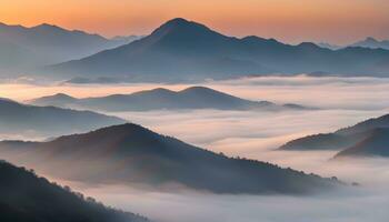 ai gegenereerd een visie van bergen gedekt in mist Bij zonsopkomst foto