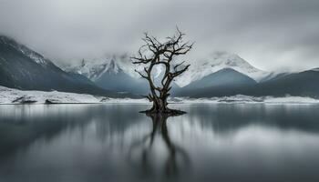 ai gegenereerd een eenzaam boom in de midden- van een meer foto