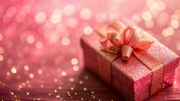 ai gegenereerd mooi roze schitteren geschenk doos met roze lint Aan licht houten tafel tegen wazig feestelijk lichten, ronde bokeh, Valentijnsdag thema, kopiëren ruimte voor tekst foto