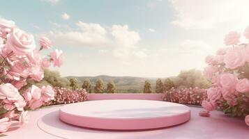 ai gegenereerd leeg roze ronde podium Aan rood helling rozen tuin en zomer avond lucht achtergrond voor kunstmatig Product presentatie, Valentijnsdag dag concept foto