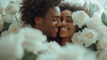 ai gegenereerd Afrikaanse Amerikaans paar zijn Vrolijk, lachend glimlach Aan hun gezicht, wit Valentijnsdag thema, viert liefde, een kamer vol van wit rozen tuin foto