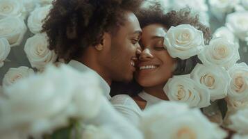 ai gegenereerd Afrikaanse Amerikaans paar zijn Vrolijk, lachend glimlach Aan hun gezicht, wit Valentijnsdag thema, viert liefde, een kamer vol van wit rozen tuin foto