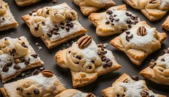 ai gegenereerd meerdere koekjes met chocola chips en pecannoten foto