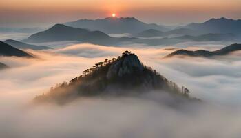 ai gegenereerd een berg gedekt in mist met de zon stijgende lijn bovenstaand foto