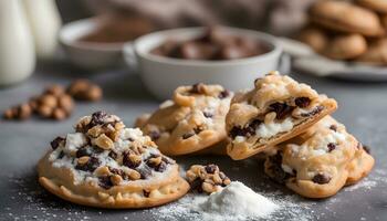 ai gegenereerd chocola spaander koekjes met room kaas en noten foto