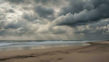 ai gegenereerd een strand met een groot lichaam van water en een bewolkt lucht foto