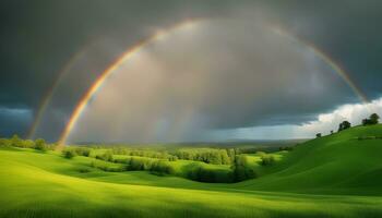 ai gegenereerd regenboog over- groen heuvels met bomen en gras foto