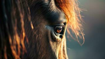 ai gegenereerd detail van een paard oog en manen Bij zonsondergang foto