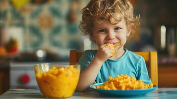 ai gegenereerd kleuter aan het eten kaasachtig pasta Bij huis foto