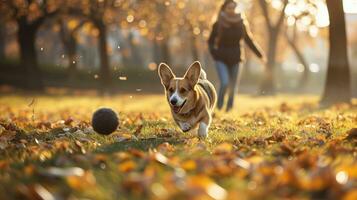 ai gegenereerd een corgi achtervolgen een bal in een zonovergoten herfst park foto