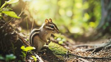 ai gegenereerd een chipmunk zittend Aan een Woud pad in zonlicht foto