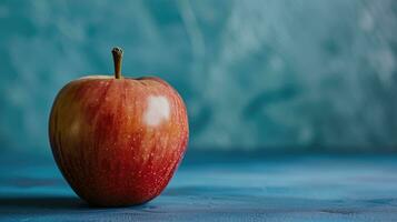 ai gegenereerd rood appel met stam Aan een getextureerde blauw achtergrond foto