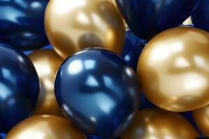 ai gegenereerd verjaardag partij ballonnen, gouden en blauw ballonnen achtergrond met confetti en bokeh achtergronden ai gegenereerd foto