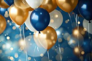 ai gegenereerd verjaardag partij ballonnen, gouden en blauw ballonnen achtergrond met confetti en bokeh achtergronden ai gegenereerd foto