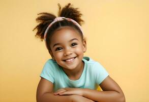 ai gegenereerd portret van gelukkig Afrikaanse Amerikaans meisje op zoek Bij camera foto