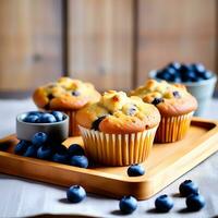 ai gegenereerd rustiek dienblad van bosbessen muffins foto