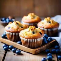 ai gegenereerd vers gebakken muffins Aan een rustiek houten dienblad foto