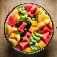 ai gegenereerd kom van gelukzaligheid geregeld kleurrijk fruit salade foto