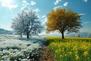 ai gegenereerd winter en voorjaar landschap met blauw lucht. concept van verandering seizoen. generatief ai foto