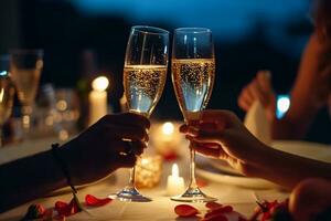 ai gegenereerd romantisch kaarslicht avondeten voor paar tafel opstelling Bij nacht. Mens en vrouw houden glas van champagne. concept voor Valentijnsdag dag of datum. foto