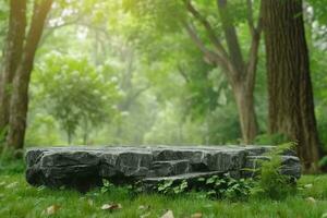 ai gegenereerd steen podium tafel top verdieping Aan gras buitenshuis vervagen vers groen tropisch Woud boom natuur achtergrond.organisch gezond natuurlijk Product plaatsing voetstuk staan Scherm. generatief ai. foto