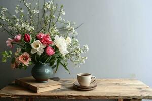 ai gegenereerd humeurig voorjaar nog steeds leven. houten bank, tafel samenstelling met kop van koffie, thee en oud boeken. mooi bloemen boeket met wit, roze tulpen, narcissen. generatief ai. foto