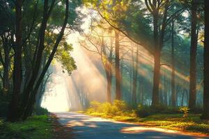 ai gegenereerd zonlicht door bomen. generatief ai. foto