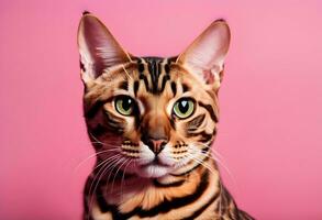 ai gegenereerd portret van een Bengalen kat Aan een roze achtergrond. kopiëren ruimte. foto