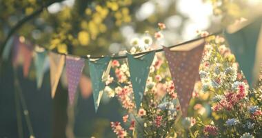 ai gegenereerd vlaggedoek banners hangende in de buurt sommige bloemen buiten foto