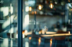 ai gegenereerd wazig glas deur in interieur keuken dining kamer foto