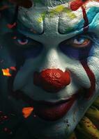 ai gegenereerd clowns gezicht met kleurrijk maken omhoog in de omgeving van zijn neus- foto