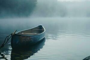 ai gegenereerd kano in de water in natuur met mist foto