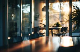 ai gegenereerd wazig glas deur in interieur keuken dining kamer foto