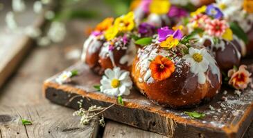 ai gegenereerd chocola ei broodjes met bloemen en suikerglazuur foto