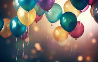 ai gegenereerd kleurrijk ballonnen Aan een feestelijk achtergrond foto