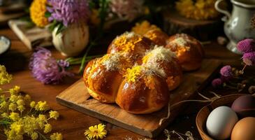 ai gegenereerd gouden broodjes versierd met eieren en bloemen Aan een houten nachtkastje tafel foto