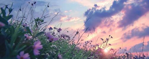 ai gegenereerd groen gras met bloemen en veel van roze en Purper wolken foto