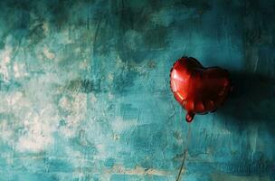 ai gegenereerd rood hart ballon in voorkant van een blauw kamer foto