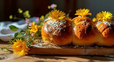 ai gegenereerd gouden broodjes versierd met eieren en bloemen Aan een houten nachtkastje tafel foto