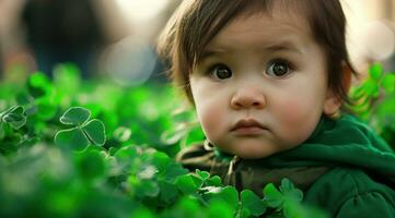 ai gegenereerd een kleuter Bij de st patricks dag optocht omringd door klavers foto