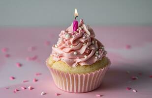 ai gegenereerd een roze koekje met een verjaardag kaars in roze en wit foto