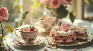 ai gegenereerd twee cakes en cups van thee in de vorm van harten en bloemen foto