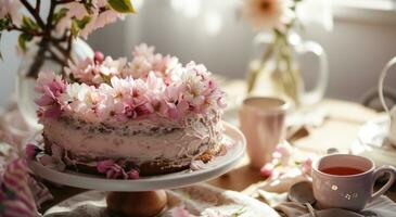 ai gegenereerd een verjaardag taart met bloemen Aan een tafel foto