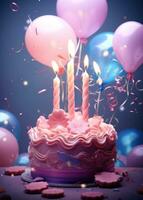 ai gegenereerd een roze verjaardag kaars taart is omringd door sterren en ballonnen foto