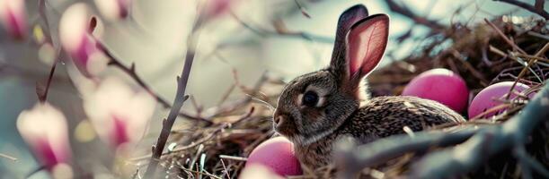 ai gegenereerd Pasen konijn in een nest met roze en wit eieren foto
