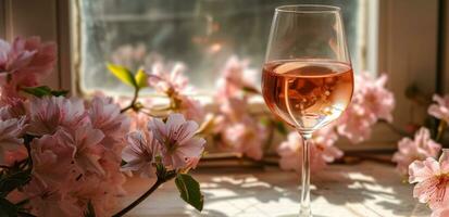 ai gegenereerd een glas van roos wijn naast sommige roze bloemen foto